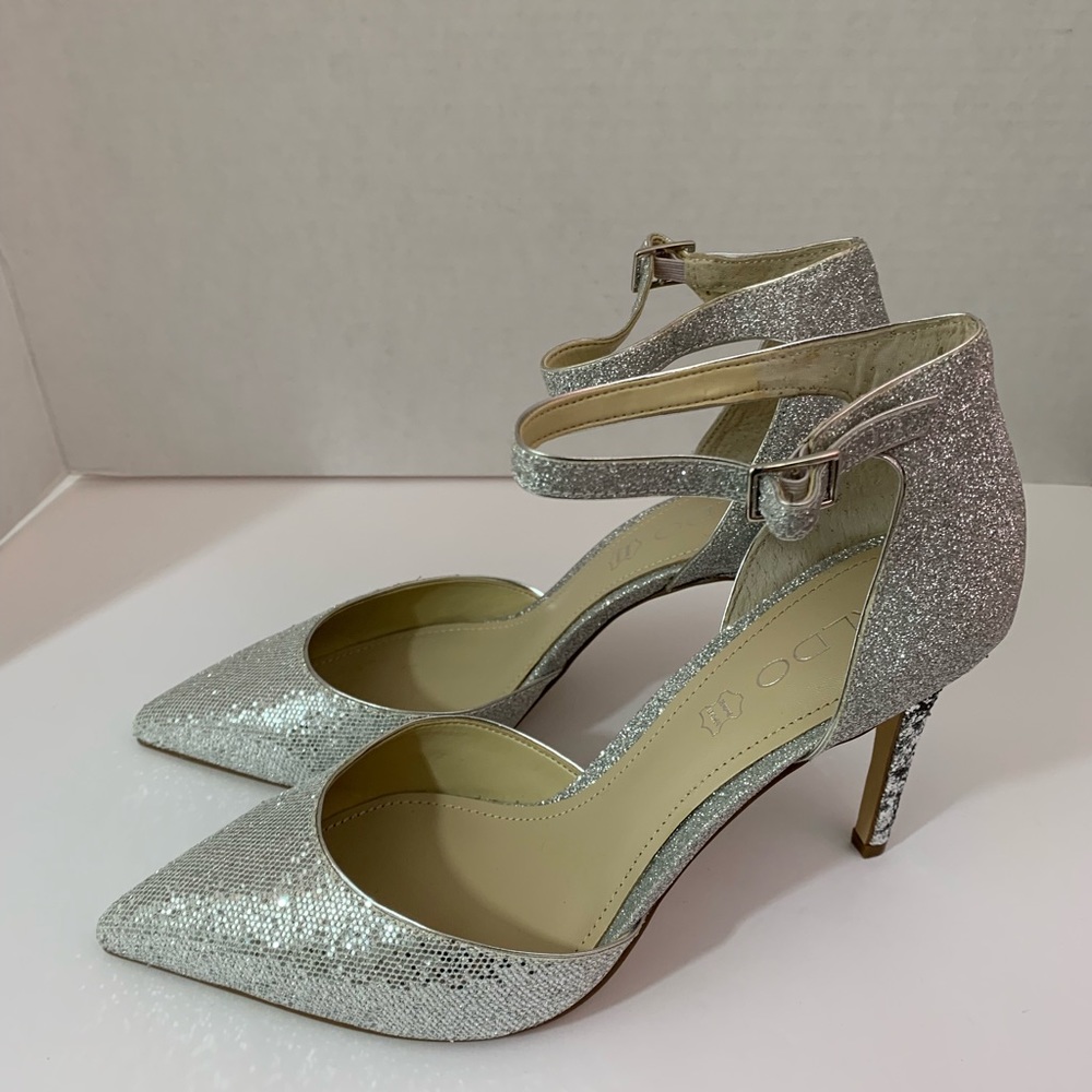 ALDO Silver Ankle Strap Glitter Heels